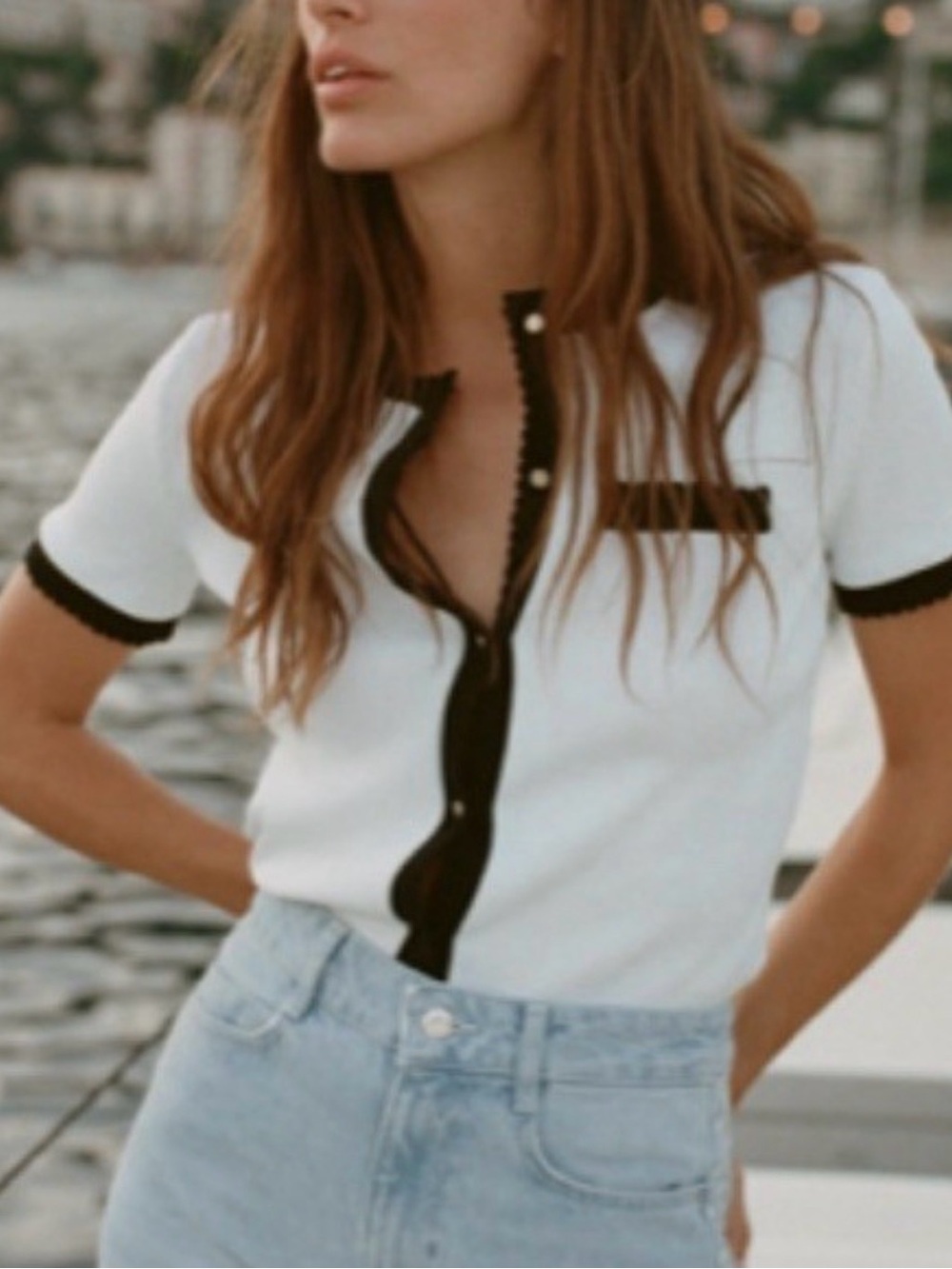 Zara White Short-Sleeve Button-Down Top with Black Trim